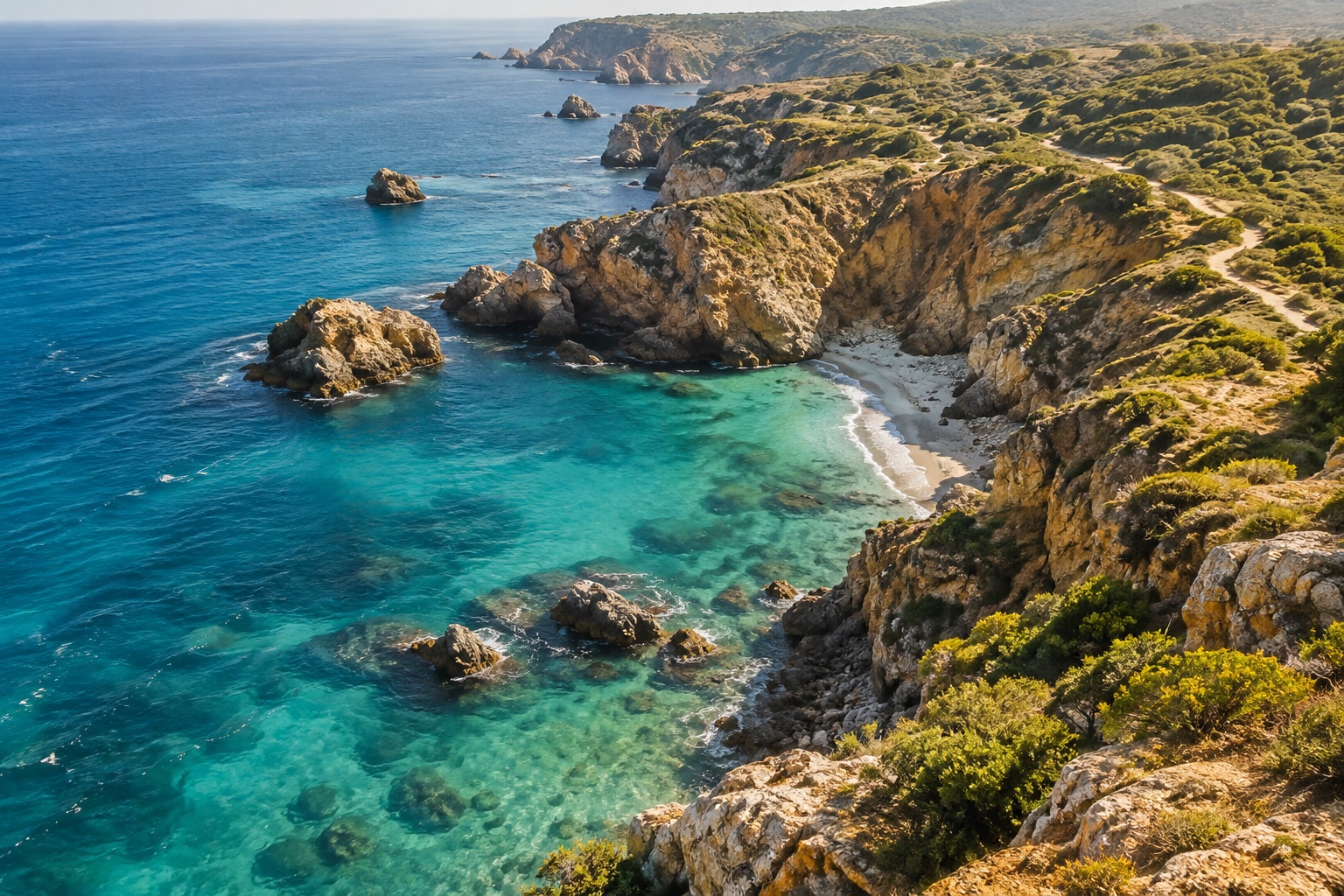 Turquoise water, golden cliffs, and a path along an imagined coastline